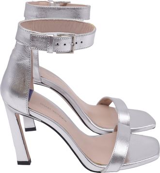 Stuart Weitzman Square Nudist Ankle Strap Sandals in Silver Leather