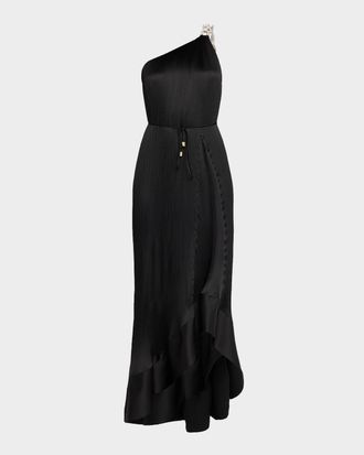 Milly Mariah One-Shoulder Pleated Satin Maxi Dress