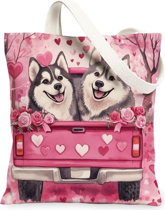 Generic Valentines Day Alaskans Malamute Dog Canvas Tote Bag for Shopping 13x15, Fun Truck Puppy Reusable Grocery Print Pattern Bag for Women, Couple Beach Ae