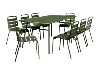 Vente-Unique Comedor de jard&iacute;n de metal - Mesa L.200 cm y 8 sillas apilables - Verde caqui - MIRMANDE de MYLIA