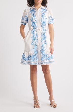 Julia Jordan Floral Placement Print Puff Sleeve Shirtdress in Ivory Blue at Nordstrom, Size X-Small