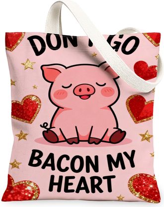 Generic ValentineS Day Pigs Canvas Tote Bags, Adorable Heart Pattern Reusable Grocery Bags, Lightweight Washable Shoulder Strap Ca, Peach, 13x15 Inch