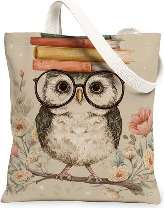 Generic Owl Floral Canvas Tote Bags, Cute Animal Design Reusable Grocery Bags, Vintage Lightweight Washable Shoulder Strap Canvas F, Beige, 13x15 Inch