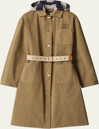 Miu Miu Contrast Hood Trench Coat With Belt