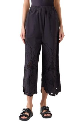 Akris Flower Eyelet Cotton Poplin Crop Pants in Black at Nordstrom, Size 14