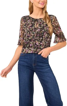 CeCe by Cynthia Steffe Split Tie Neck Ruffle Cuff Top Womens Clothing Rich Black 1 : XS, Polyester