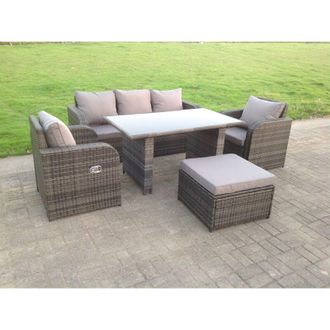 Fimous Rattan Garden Furniture Set Adjustable Chair Sofa Lounge 3 Seater Sofa Rectangular Dining Black Glass Table Footstool - Fimous