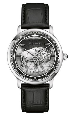 Bulova x Stetson Bison Automatic Leather Strap Watch, 39mm in Silver-Tone at Nordstrom