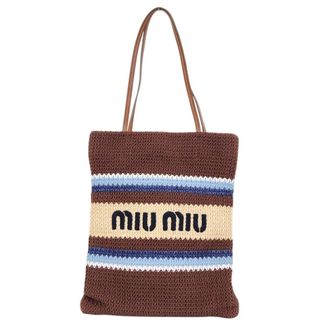 Miu Miu Beige Blue Brown Cocoa Cotton 59% Polyester 25% Rayon 16% Leather Tote Bag (Pre-Owned)