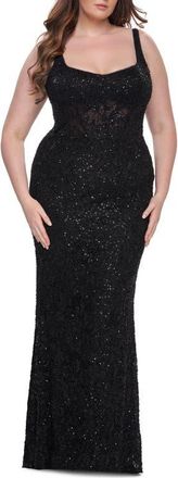 La Femme Fitted Beaded Lace Plus Size Prom Dress with Illusion Waist in Black at Nordstrom, Size 16W