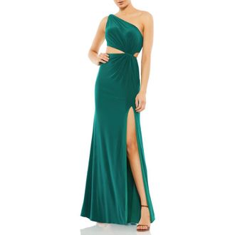 Mac Duggal One-Shoulder Jersey Gown with Side Cutouts & Thigh-High Slit in Emerald at Nordstrom, Size 4