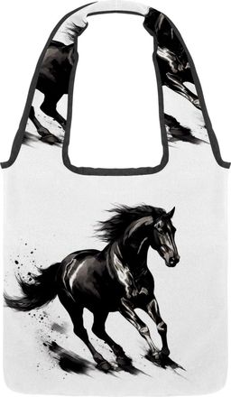 Generic Horse Black Reversible Canvas Shoulder Tote - Double-Sided Print, 12oz Cotton, 27cm Drop, Fold-Flat Bag for Travel, Shopping, Street Outings