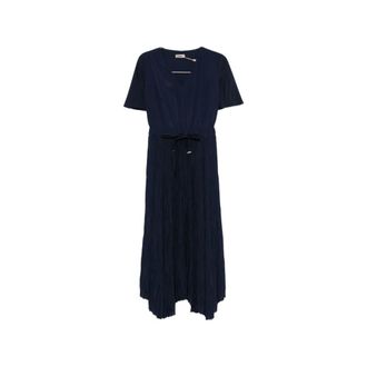 Herno Midi Dresses, female, Blue, Size: L Pleated Skirt V-Neck Short Sleeve Drawstring Waist Midi Dress