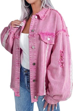 Azura Exchange Womens Lace Trim Denim Jacket - Pink Cotton - Size X-Large