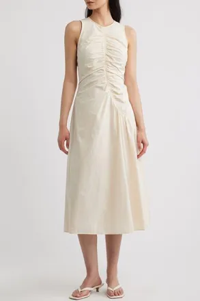 Theory Asymmetric Ruched Sleeveless Midi Dress in Almond at Nordstrom, Size 00