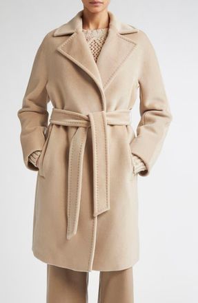 Max Mara Scire Belted Virgin Wool Wrap Coat in Beige at Nordstrom, Size 14