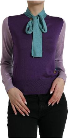 Dolce & Gabbana Zijden Strik Pullover Sweater - Dames - V-hals truien - Veelkleurig - L - Truien & Vesten