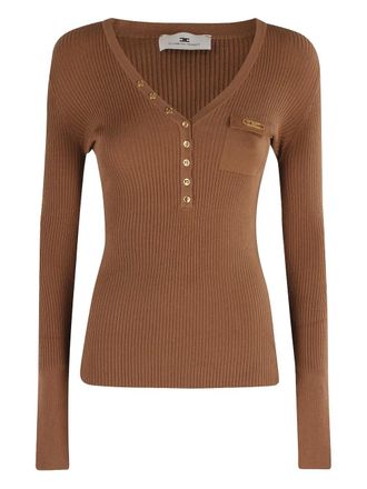 Elisabetta Franchi ribbed button-placket top - women - Silk/Lyocell/Polyamide - 44 - Brown