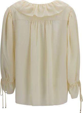 Chlo&eacute; Womens Ruffled V-Neck Shirt Pristine White Silk