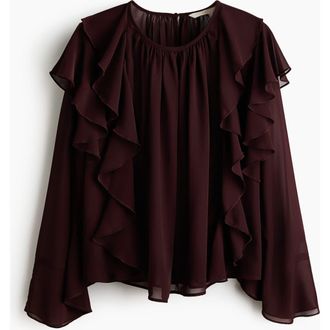 H&M Sheer Flounce-trimmed Blouse in Dark Brown at Nordstrom, Size X-Small