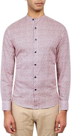 Brooklyn Brigade Slim Fit Geo Linen Cotton Banded Collar Long Sleeve Shirt in Navy/pink at Nordstrom, Size Xx-Large