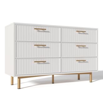 Urban Meuble Aparador blanco rayado con 6 cajones y detalles dorados, 120 cm