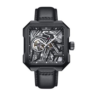 Heritor Mens Campbell Leather-Band Skeleton Watch - Black Stainless Steel - One Size