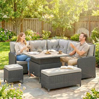 OUTSUNNY 6 PCs Rattan Garden Furniture Sectional Corner Sofa, Dark Grey in Cream