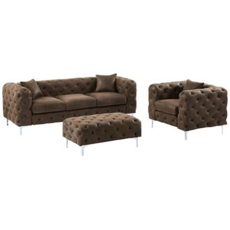 Vente-Unique Divano 3 posti, poltrona e pouf chesterfield in microfibra aspetto pelle invecchiata - edwina