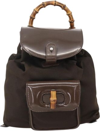 Gucci Vintage Bamboo Backpack Nylon And Patent Leather Brown Nylon Backpack Bag (Pre-Owned)