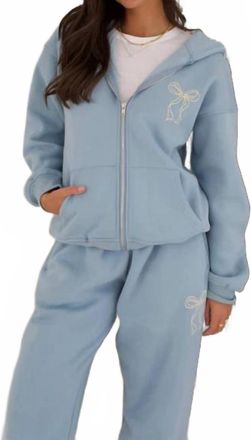 Bailey Rose Embroidered Bow Zip Hoodie In Daisy Blue