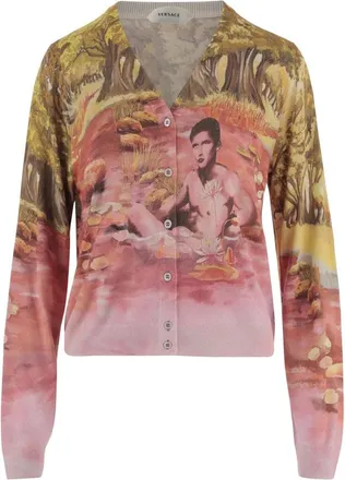 Versace Cardigans, female, Multicolor, Size: M Printed Silk Knit Cardigan
