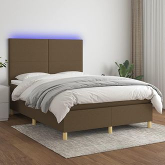 vidaXL Cama Box Spring Colch&oacute;n Luces Led Tela Marr&oacute;n Oscuro 140x200cm Vidaxl