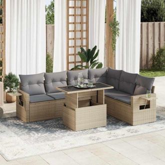 vidaXL Vidaxl - Set Sof&aacute;s De Jard&iacute;n 7 Piezas Y Cojines Rat&aacute;n Sint&eacute;tico Beige