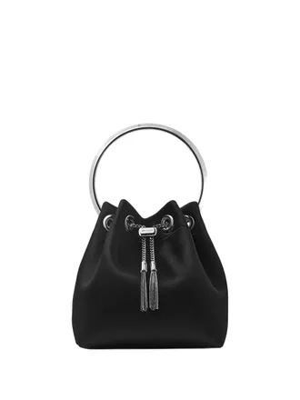 Jimmy Choo London Small Satin Bucket Bag with Silver Chain Tassels