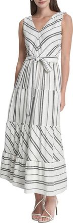 DKNY Stripe Sleeveless Linen Blend Midi Dress in White/black at Nordstrom Rack, Size 10