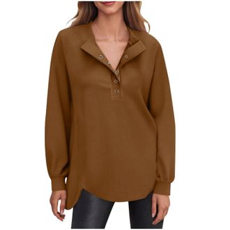 Generic Womens Oversized Casual Sweatshirt - Loose Button Up Henley Design, Pullover Top with High Low Split, 2026 Fall Fashion Outfit Essential(Coffee, XL)