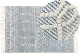 Beliani Beliani - Alfombra De Lana Azul Blanco 160 X 230 Cm Algod&oacute;n A Mano Geom&eacute;trico Borlas Orhaneli