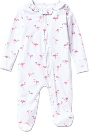 Petite Plume Flamingo Print Pima Cotton Footie in White at Nordstrom, Size 6-9M