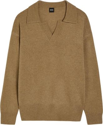 BOSS Boss Open Collar Wool Polo Jumper - Khaki - Xxl