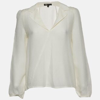 Maje White Textured Silk Oversized V-Neck Blouse