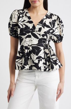 Loveappella Abstract Leaf Print Wrap Top in Ivory/Black at Nordstrom, Size X-Small