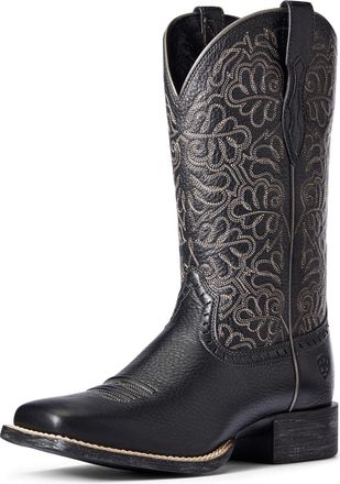 Ariat Womens Round Up Remuda Western Boots in Black Deertan Leather, B Medium Width, Size 5.5, by Ariat