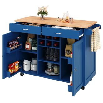 STILVORA Carro De Cocina Con Estantes Ajustables, Botellero Y Ruedas Con Freno, En Mdf Y Metal, Azul, 102x45x92 Cm