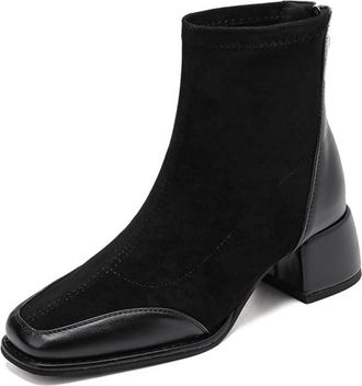 Generic Womens Retro Square Toe Ankle Boots Suede Like And PU Contrast Upper Comfortable Block Heel Nonslip Wear Resistant Sole For Daily Casual Streetwear Of