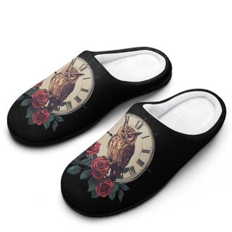 Generic Owl Rose Flowers Clock Womens Slippers Warm House Slippers Indoor House Shoes with Anti-Skid Rubber Sole