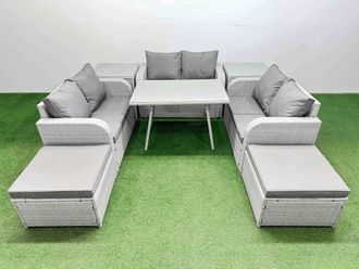 Fimous 8-seater Patio Rectangular Table Love Sofa Set with 2 Side Tables in Light Grey