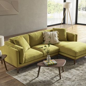Castlery Gold Velvet Right Sectional Sofa, Solid Wood Base | Owen by Castlery, Yellow
