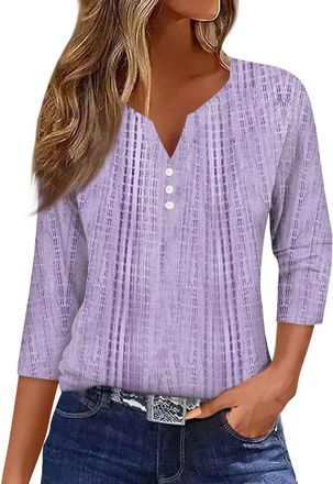 Generic 3/4 Sleeve Tops for Women Henley Neck Casual Womens T-Shirts Ladies Fitted Ladies Shirts Purple XXL 20