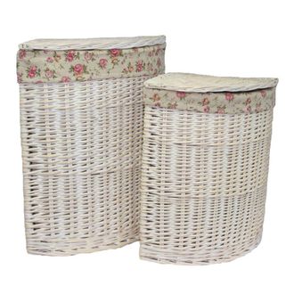 Red Hamper Set of 2 Cotton Lined Wicker White Wash Corner Laundry Baskets